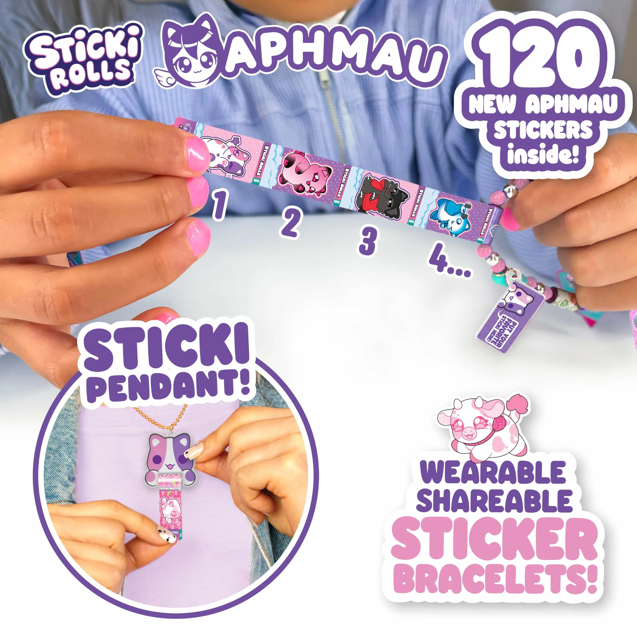 Sticki Rolls Zestaw wisiorków i bransoletek Aphmau, edycja limitowana, zawiera 120 naklejek, holograficzny wisiorek i bransoletkę Aphmau, kolekcjonerska zabawa kawaii!