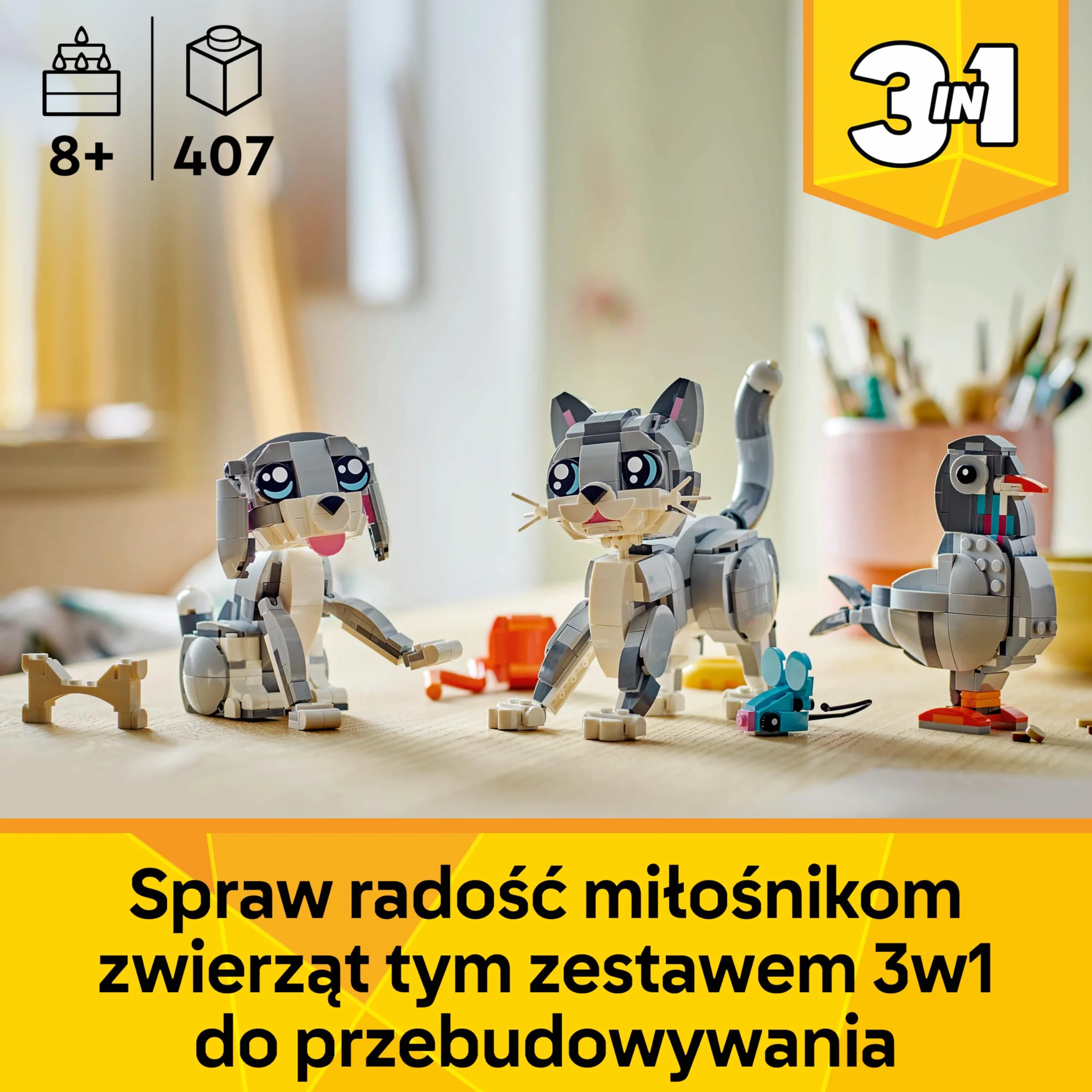 LEGO Creator 3 w 1 Psotny kot, Zabawka Konstrukcyjna dla Dziecka do Przebudowania na Figurki Zwierząt Psa lub Ptaka Gołębia, Pomysł na Kreatywny Prezent dla 8-latki, dla Dziewczynki i Chłopca 31163